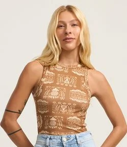 Blusa Regata Nadador em Ribana com Estampa Azulejo