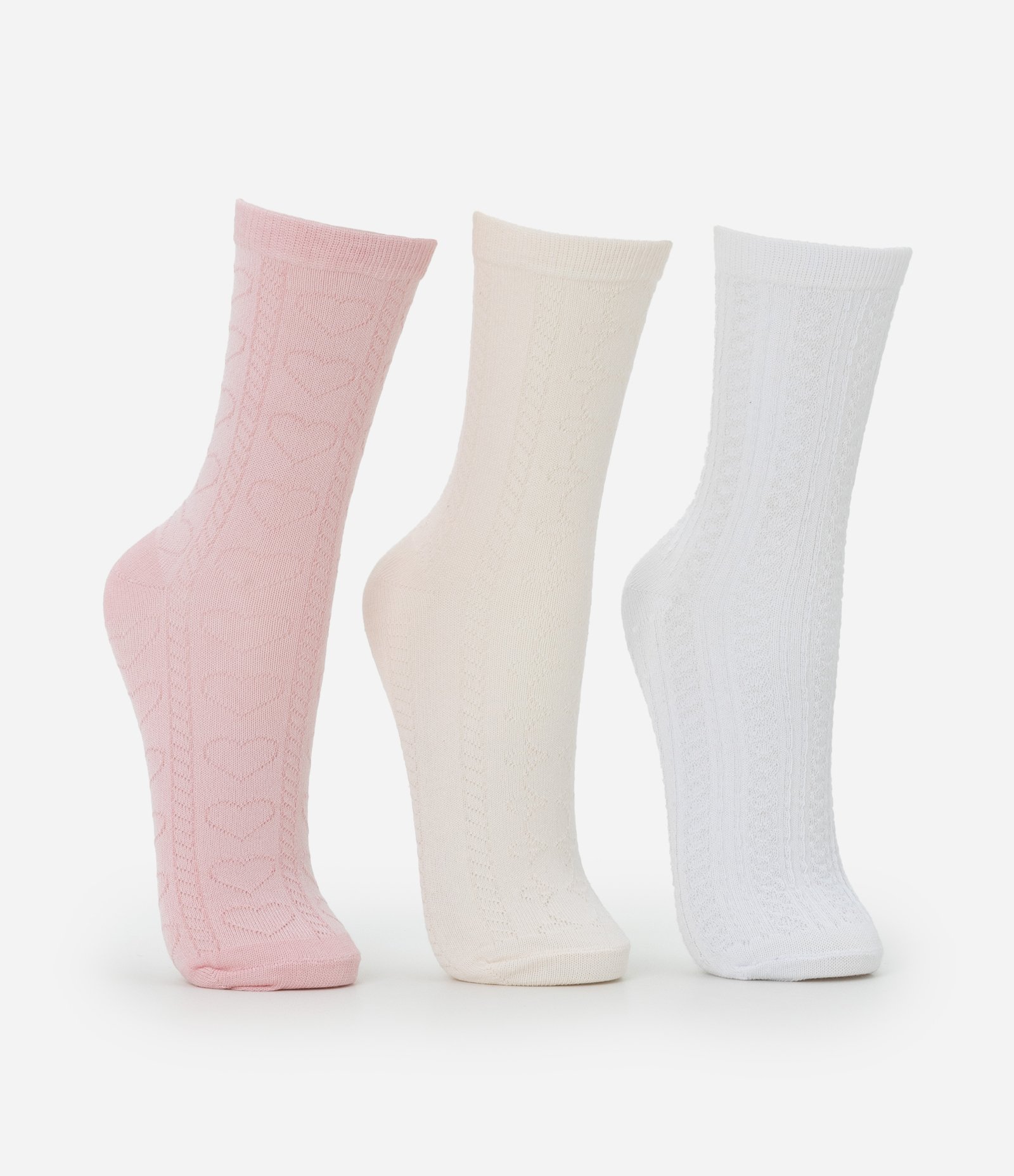 Kit 03 Meias Cano Médio em Algodão com Textura de Corações Rosa/Off White/Branco 2