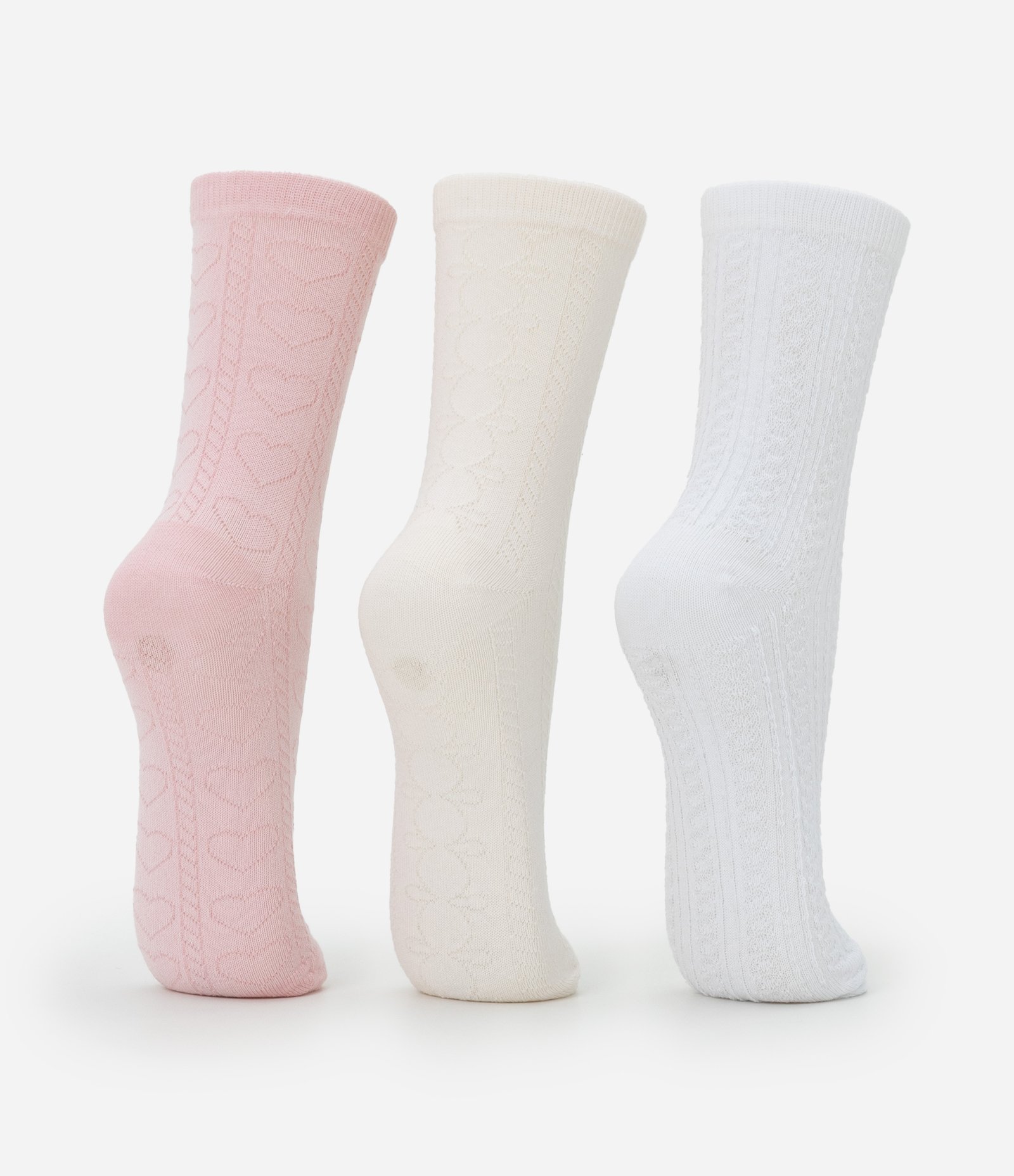 Kit 03 Meias Cano Médio em Algodão com Textura de Corações Rosa/Off White/Branco 3