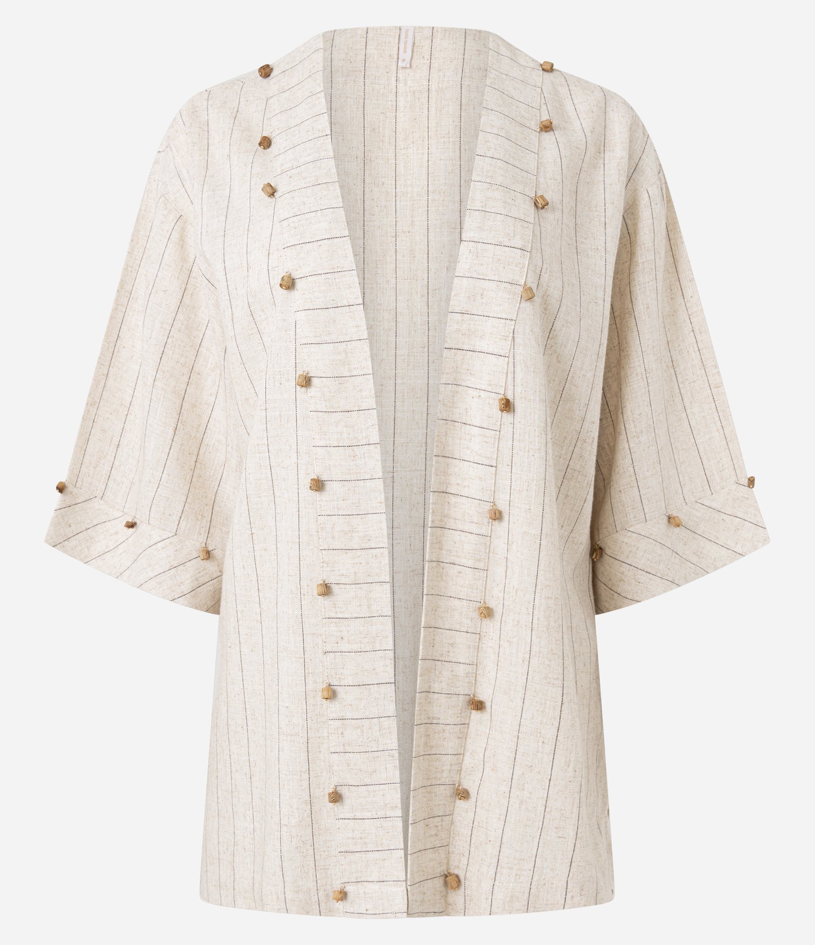 Saída de Praia Kimono com Linho e Miçangas de Madeira Bege 4