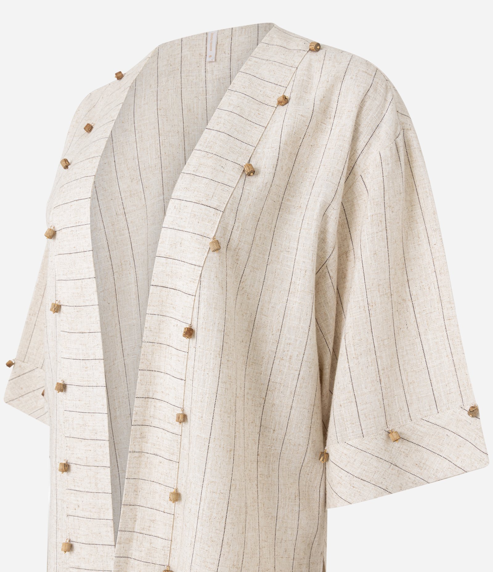 Saída de Praia Kimono com Linho e Miçangas de Madeira Bege 5