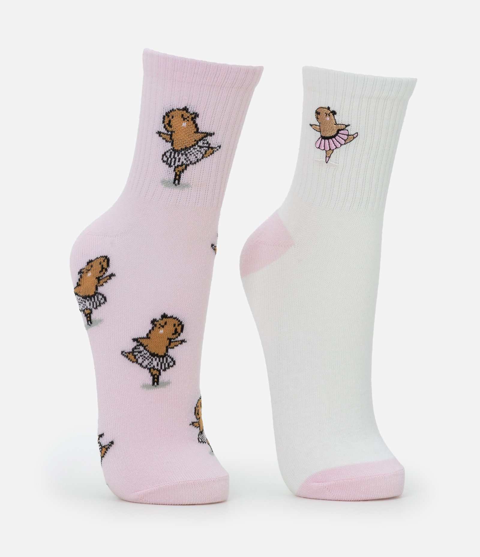 Kit 02 Meias Cano Médio em Algodão com Bordado e Jacquard de Capivara Bailarina Rosa/Branco 1