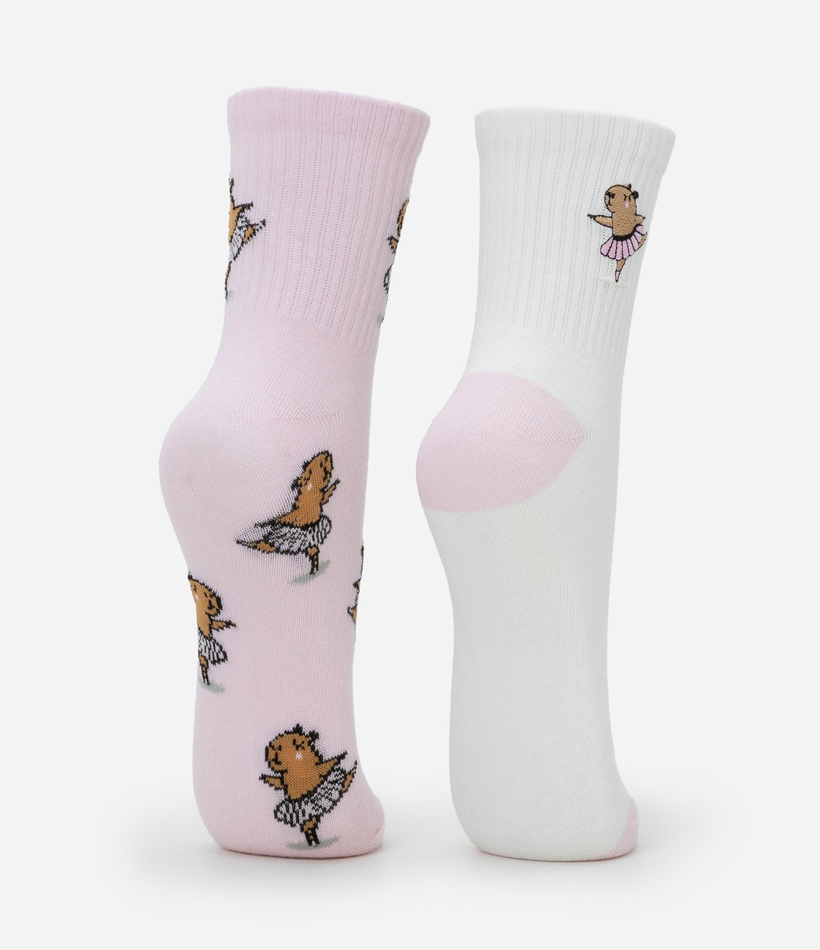Kit 02 Meias Cano Médio em Algodão com Bordado e Jacquard de Capivara Bailarina Rosa/Branco 2