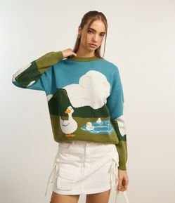 Suéter em Jacquard com Estampa Patinhos na Lagoa