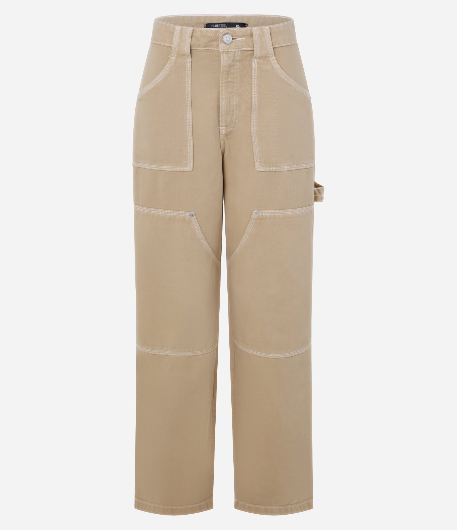 Calça Baggy em Sarja com Algodão Agroecológico Pesponto Contrastante Bege