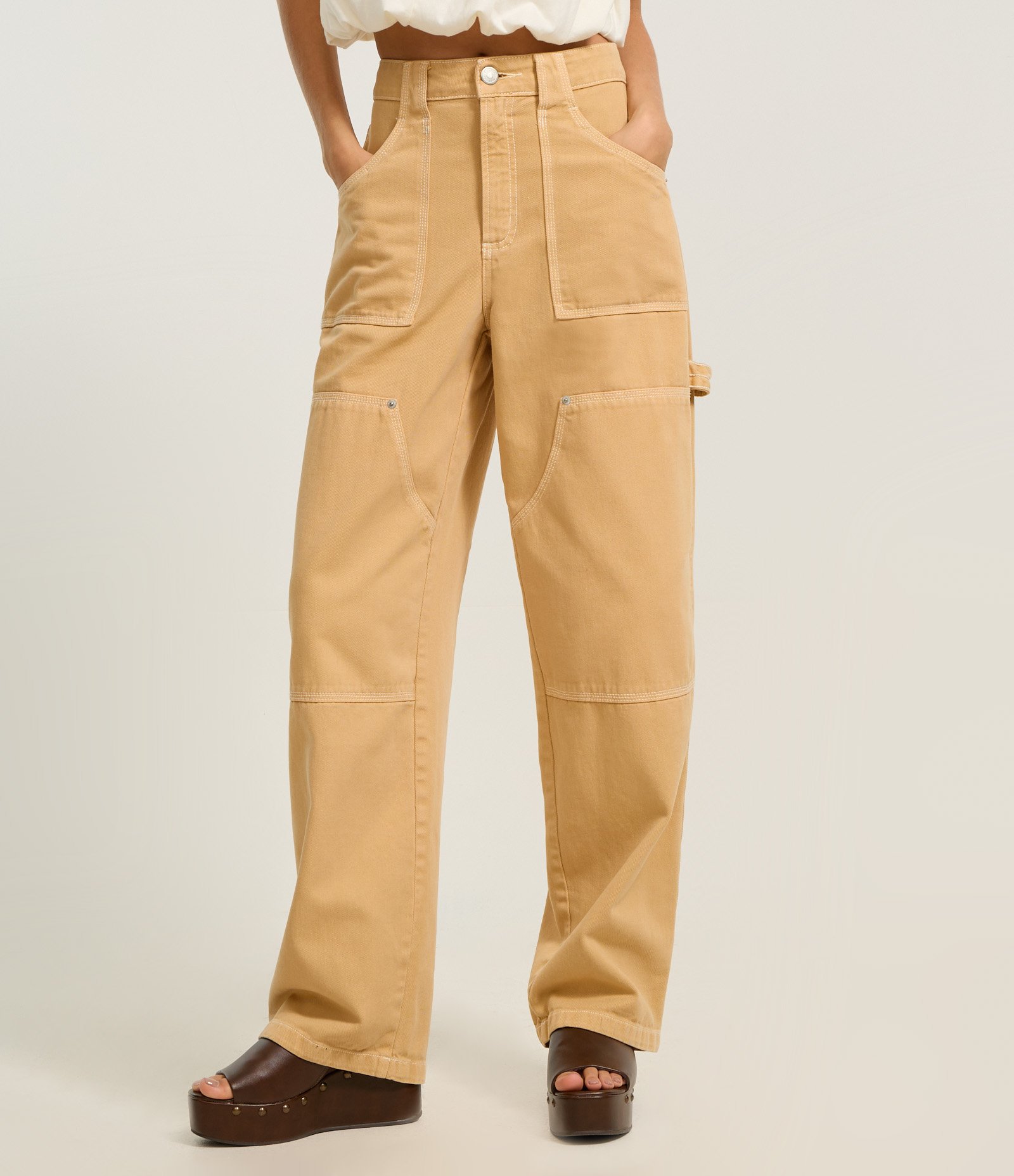 Calça Baggy em Sarja com Algodão Agroecológico Pesponto Contrastante Bege 3