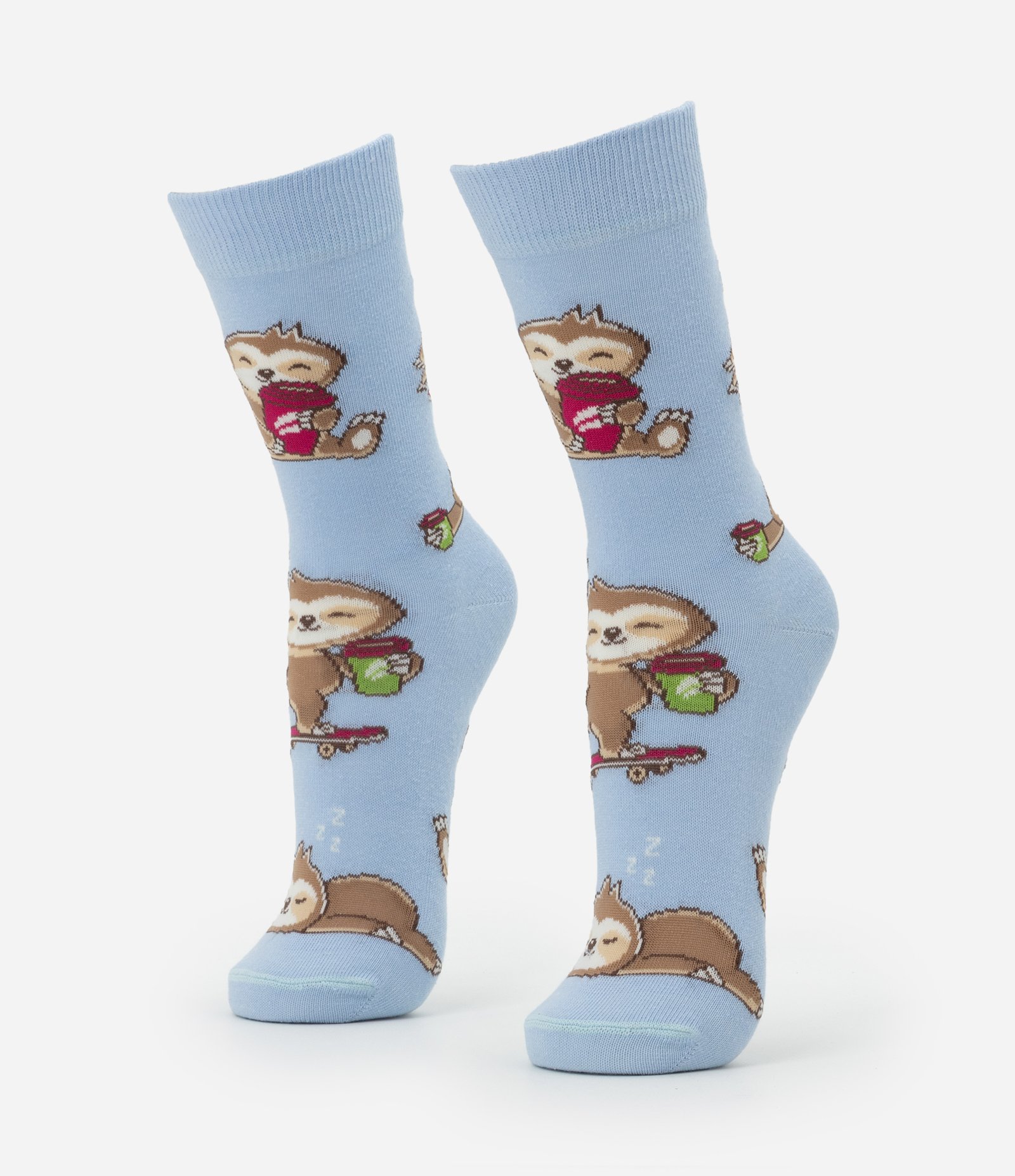 Meia Cano Alto em Algodão com Estampa de Bicho Preguiça e Café Azul 1