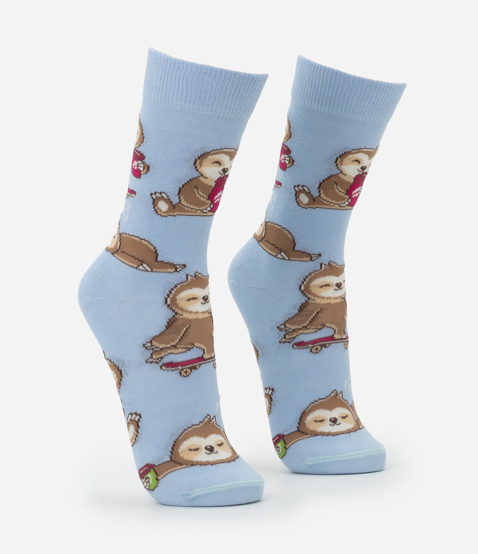 Meia Cano Alto em Algodão com Estampa de Bicho Preguiça e Café Azul 2