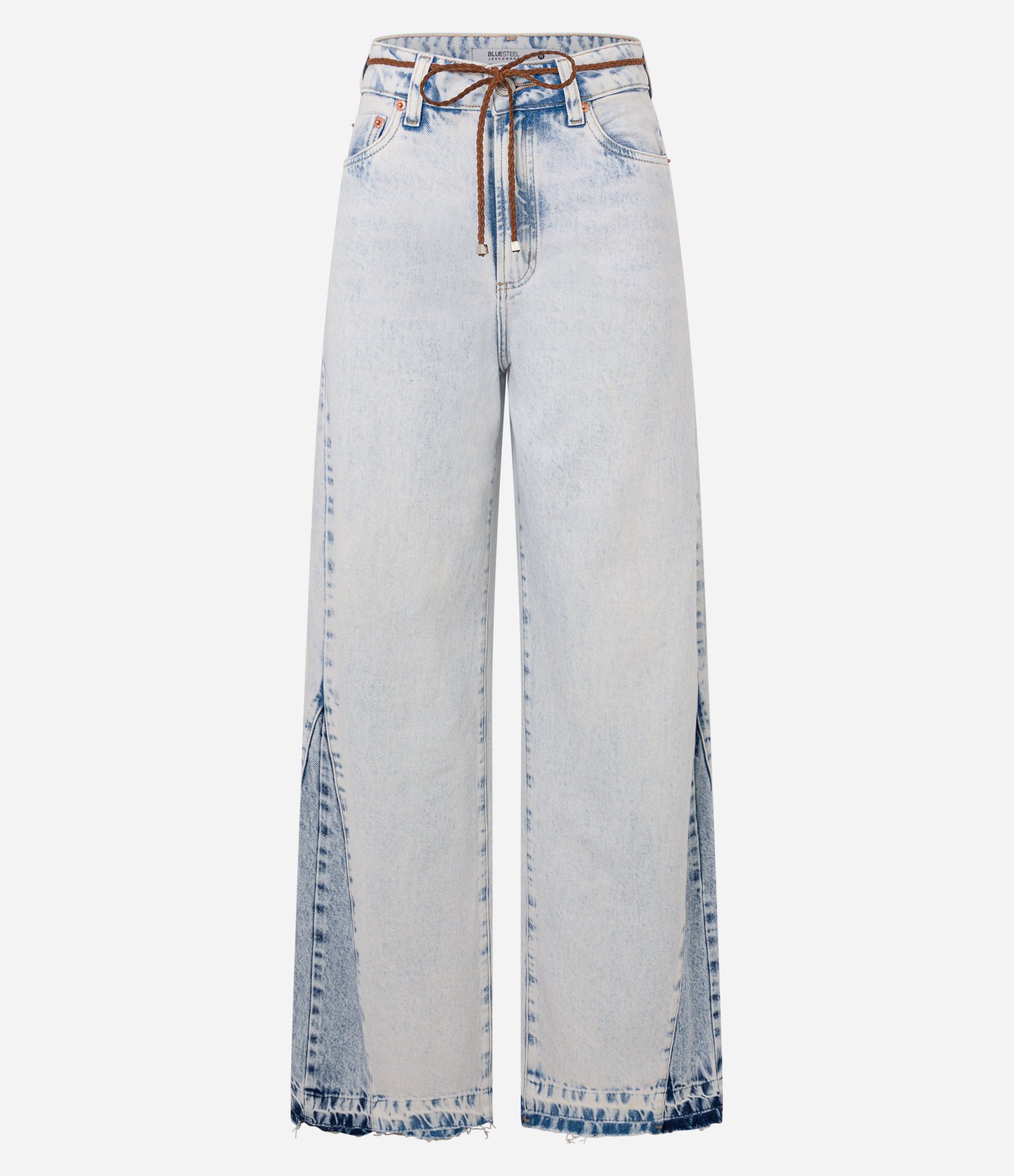 Calça Wide Leg Jeans com Recorte Contrastante na Lateral da Barra Azul Claro 5