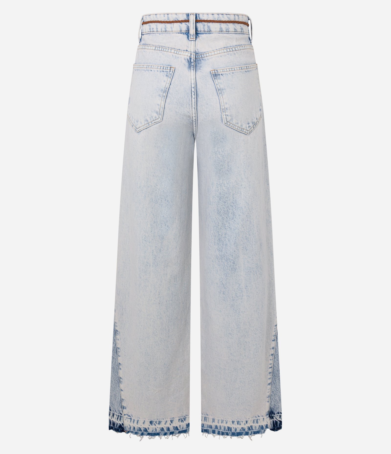 Calça Wide Leg Jeans com Recorte Contrastante na Lateral da Barra Azul Claro 6