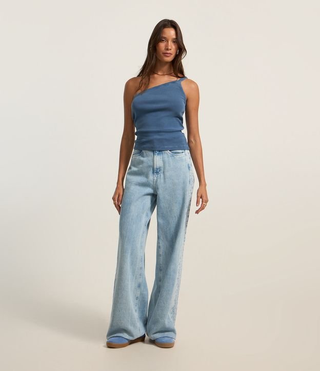 Calça Wide Leg em Jeans com Bordado Lateral