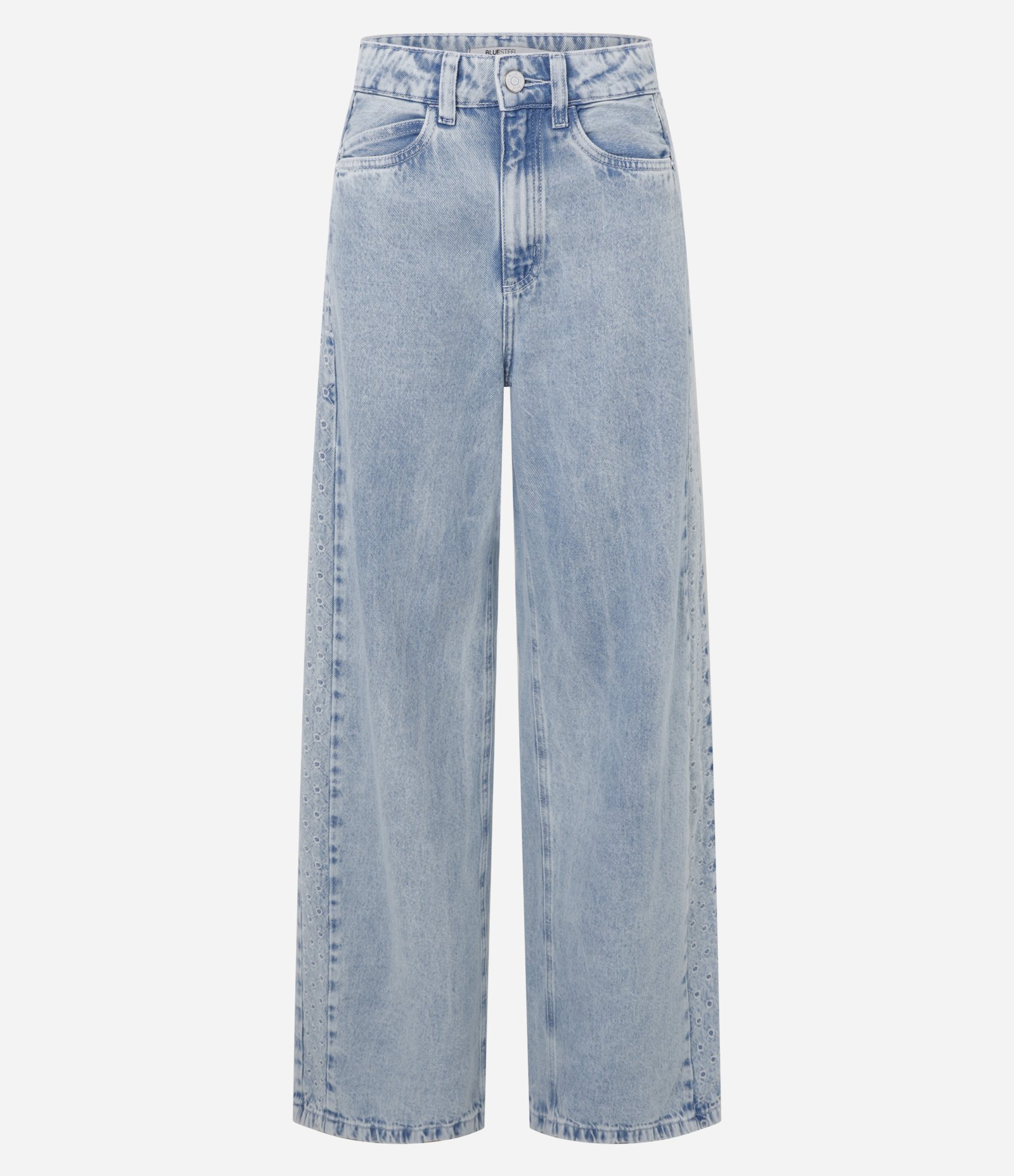 Calça Wide Leg em Jeans com Bordado Lateral Azul 5