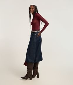 Saia Balonê Midi em Jeans com Bolsos