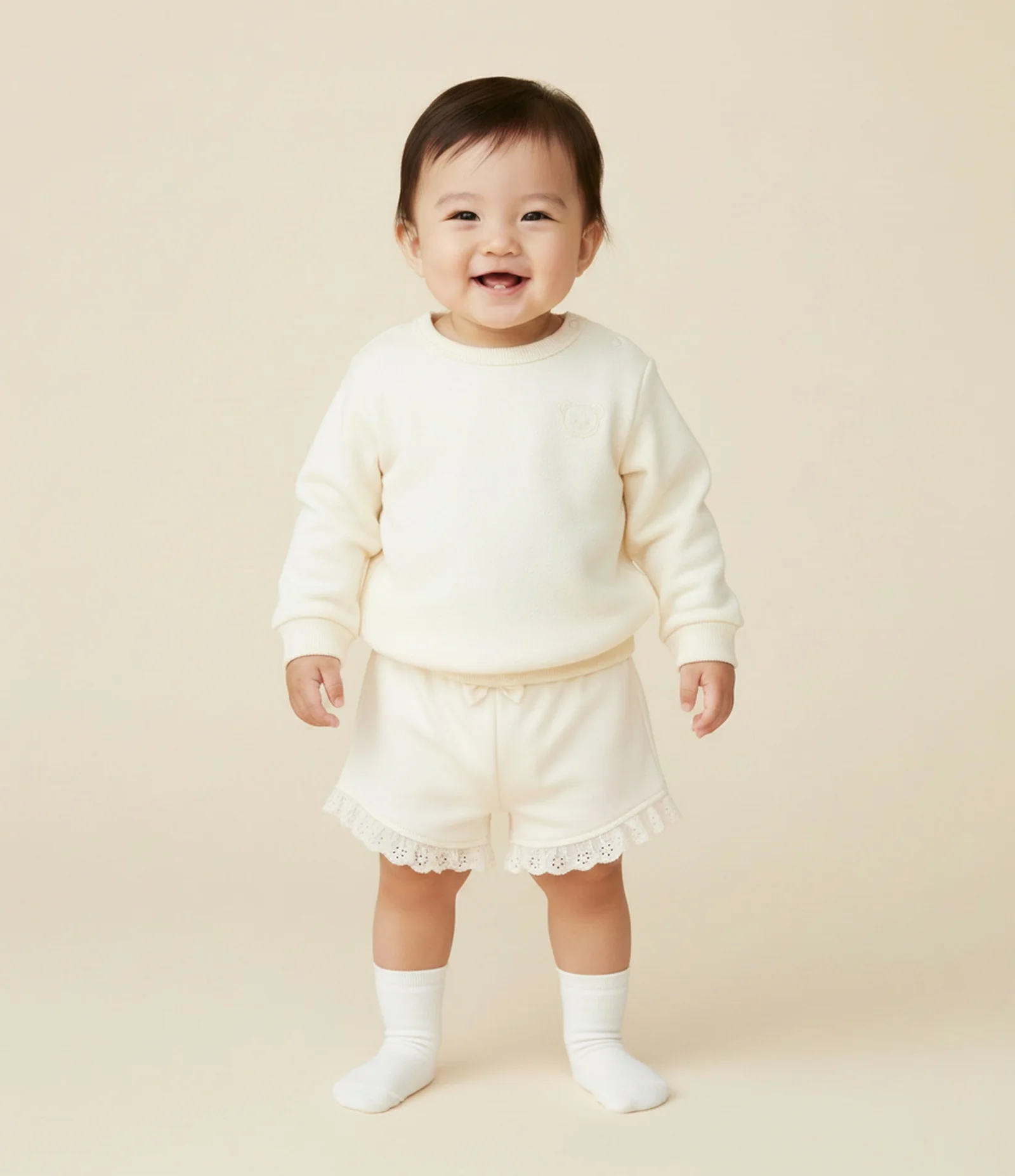 Short Infantil com Babadinhos e Laço - Tam 0 a 18 meses Bege Claro 1