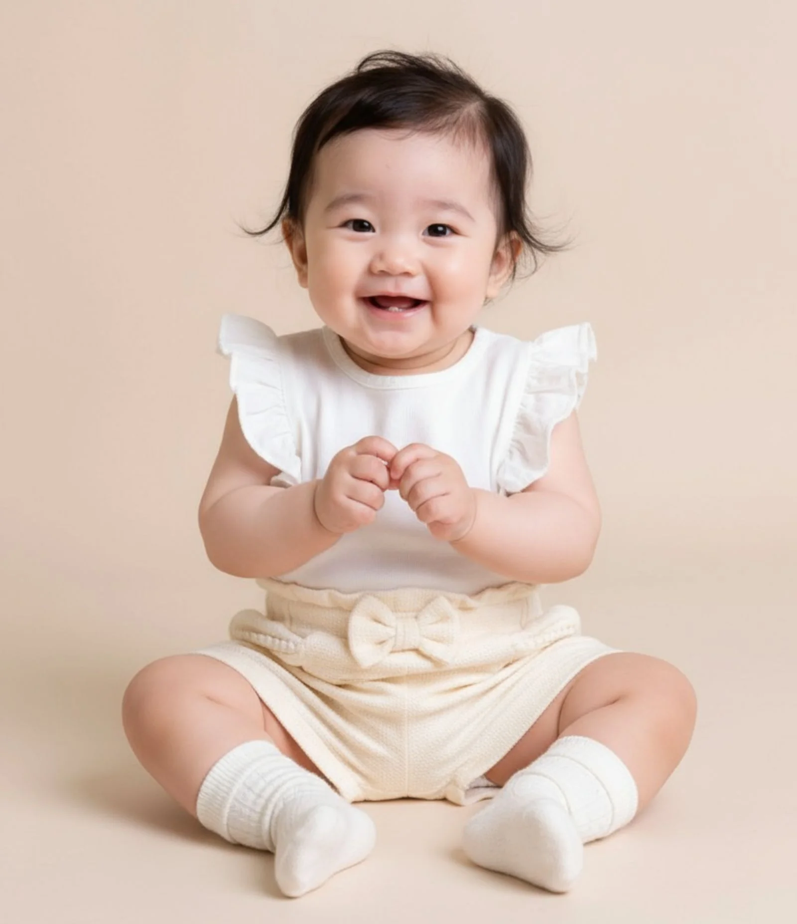 Bermuda Infantil com Laço na Cintura Texturizado - Tam 0 a 18 Meses Bege 1