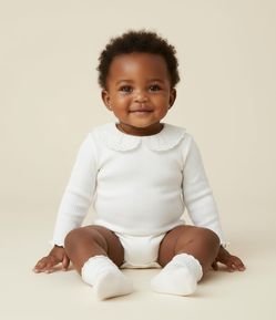 Body Infantil Canelado com Gola Boneca em Broderie - Tam 0 a 18 meses