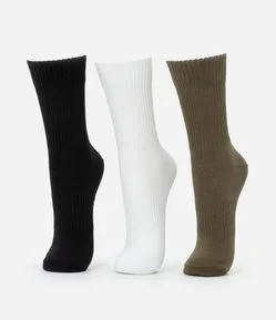 Kit 03 Meias Esportivas Cano Alto em Algodão Canelado