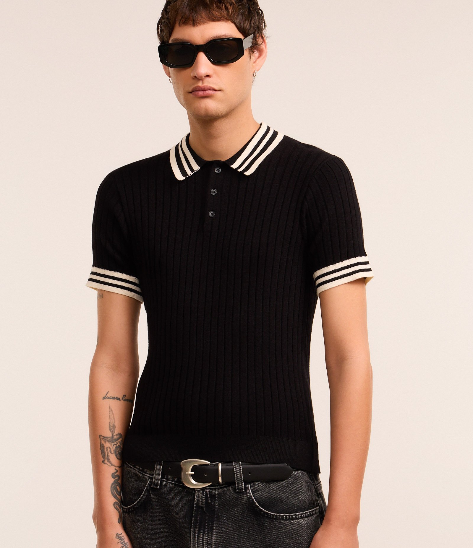 Camisa Polo Muscle Baby Tee em Tricô com Detalhes Contrastantes Preto 1