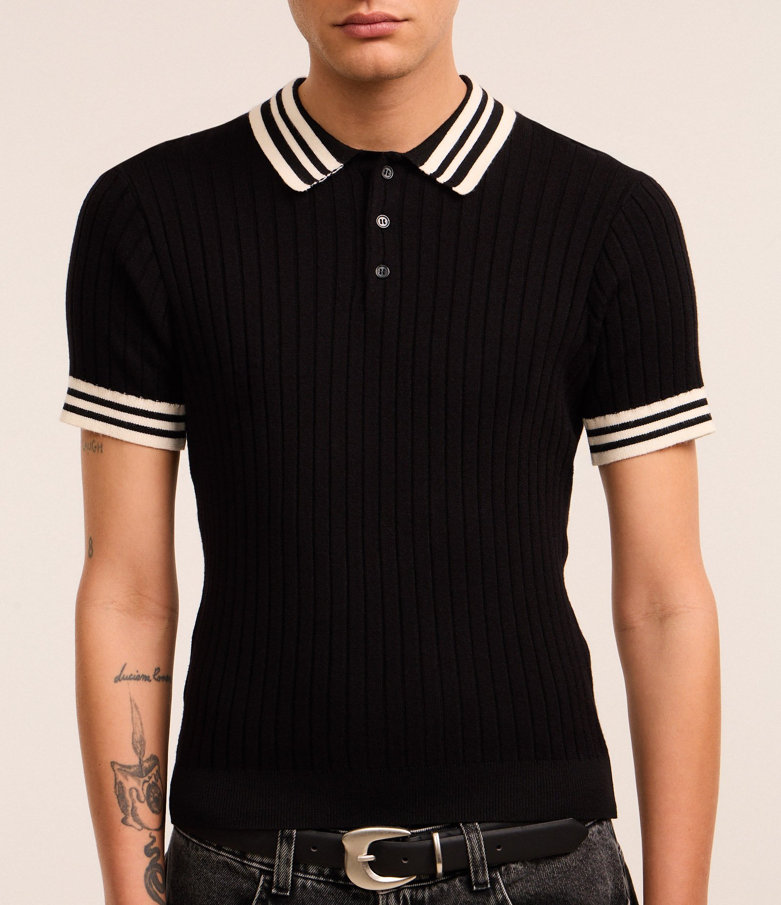 Camisa Polo Muscle Baby Tee em Tricô com Detalhes Contrastantes Preto 3