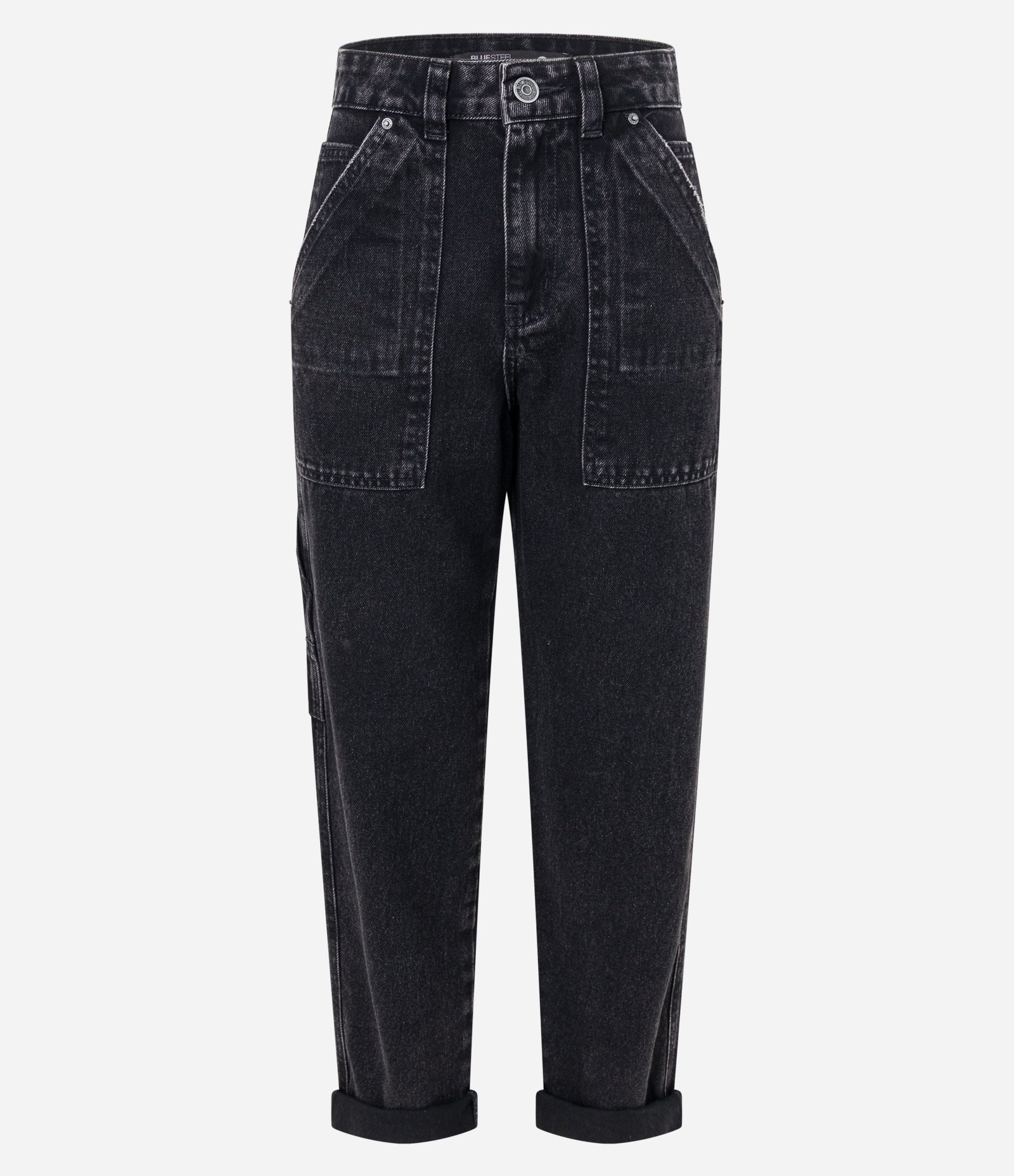 Calça Mom Jeans com Bolso Carpinteiro e Detalhe Estonado Preto Estonado 5