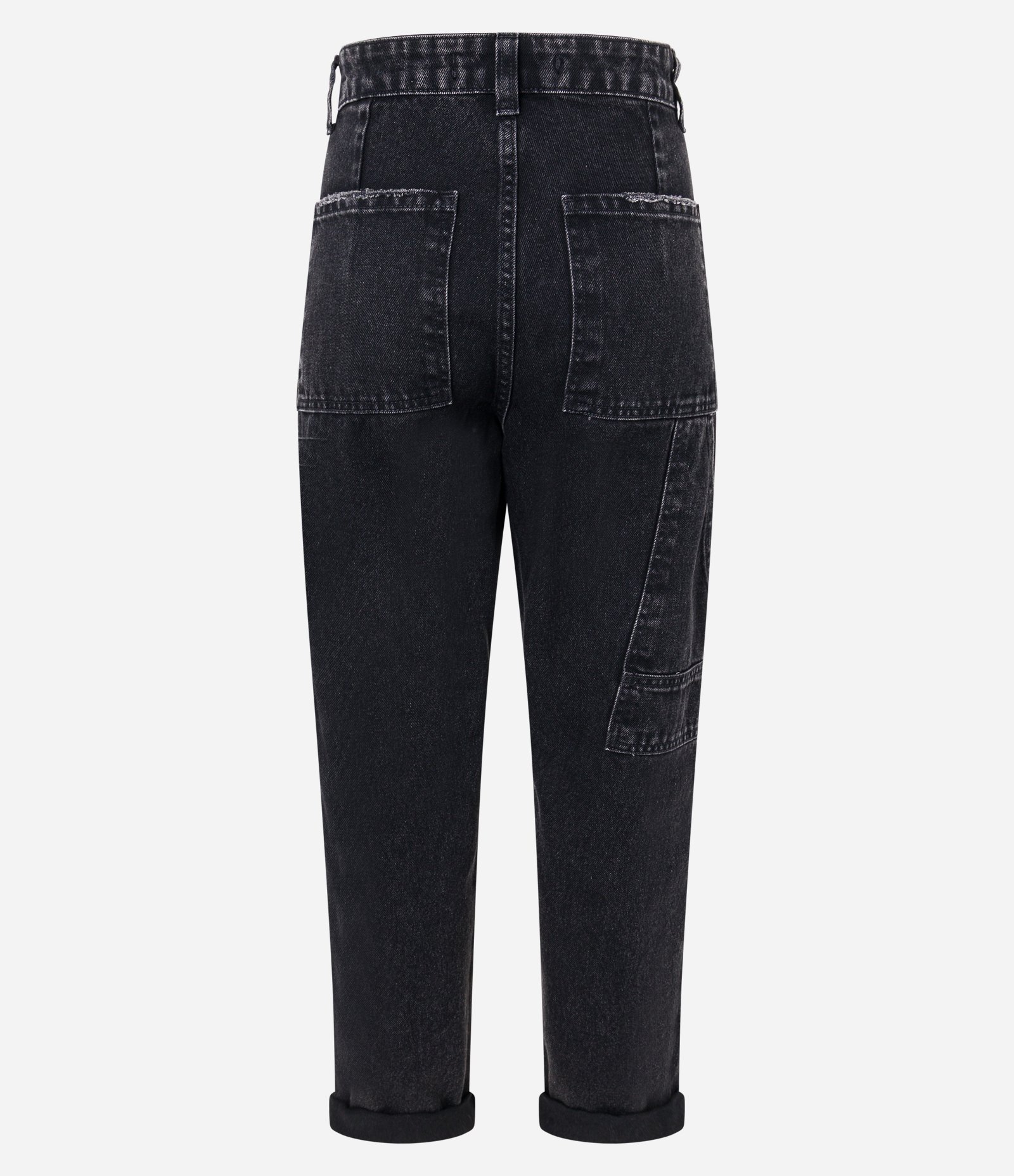 Calça Mom Jeans com Bolso Carpinteiro e Detalhe Estonado Preto Estonado 6