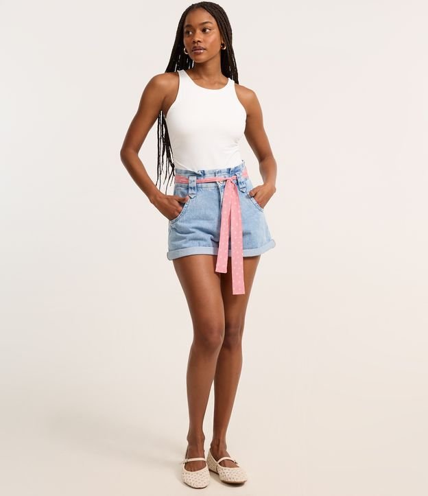 Short Mom em Jeans com Lenço Poá e Barra Dobrada | Shopping Smiles