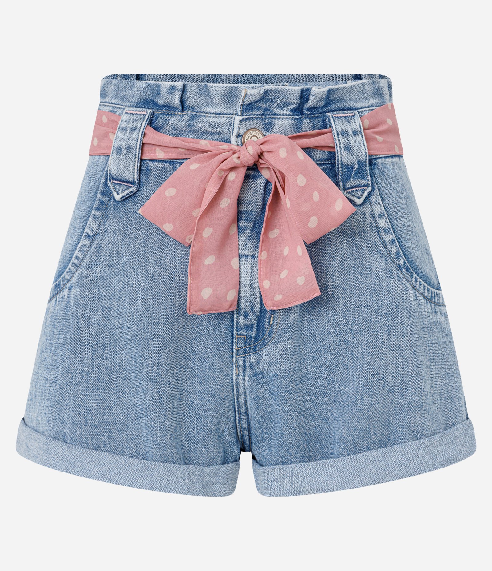 Short Mom em Jeans com Lenço Poá e Barra Dobrada Azul 5