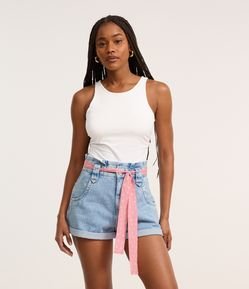 Short Mom em Jeans com Lenço Poá e Barra Dobrada