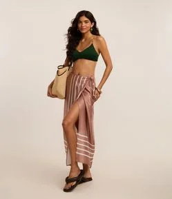 Saída de Praia Saia Transpassada Acetinada com Estampa de Listras