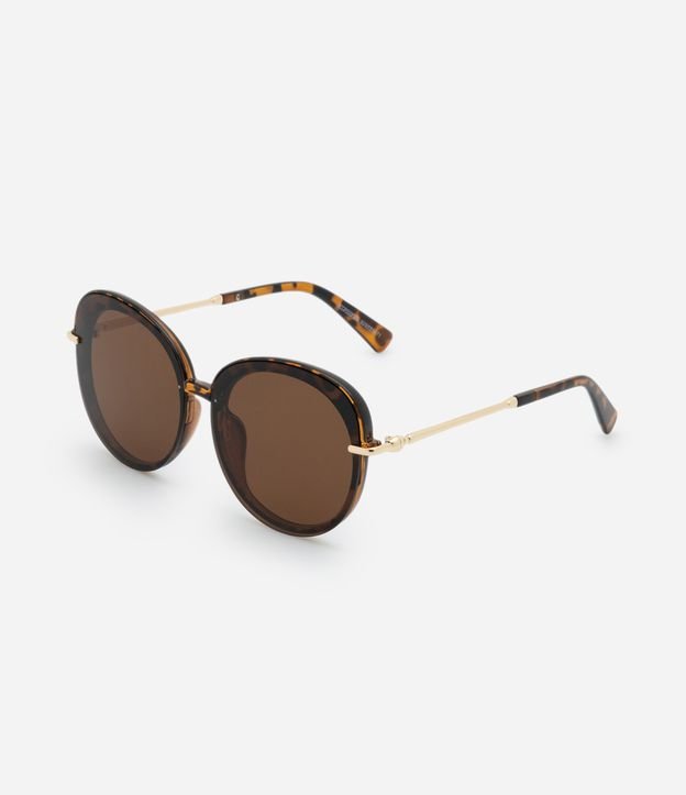 Óculos de Sol Redondo com Lente Sobreposta e Detalhe Tartaruga
