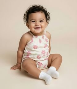 Macaquinho Infantil em Cotton com Estampa Floral - Tam 0 a 18 Meses