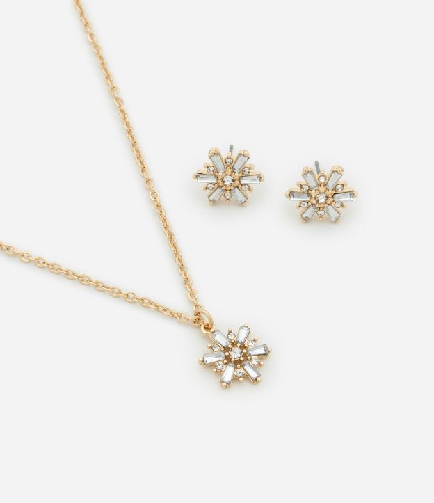 Conjunto de Colar Curto com Pingente de Strass e Brinco Botão com Strass