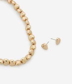 Conjunto de Colar Curto e Brinco Botão com Beads de Coração Bold