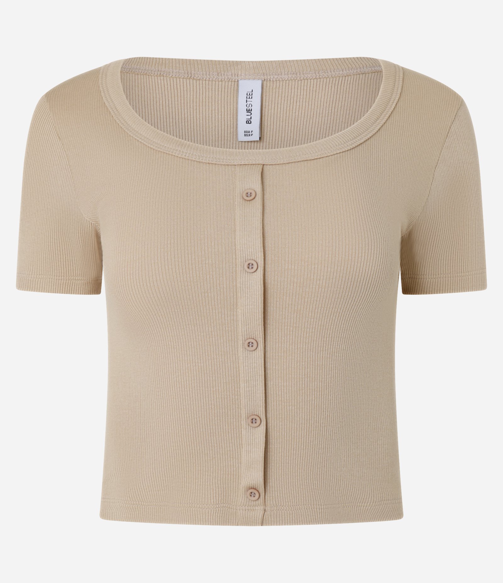 Blusa Cropped em Ribana com Decote Redondo e Botões Bege 3