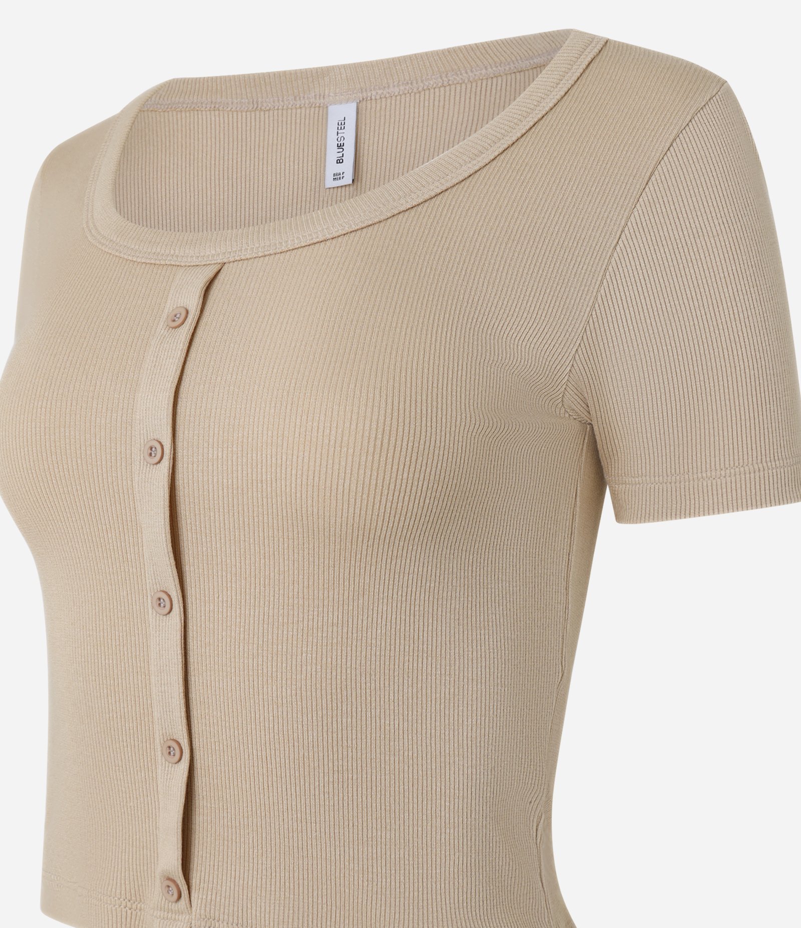 Blusa Cropped em Ribana com Decote Redondo e Botões Bege 4