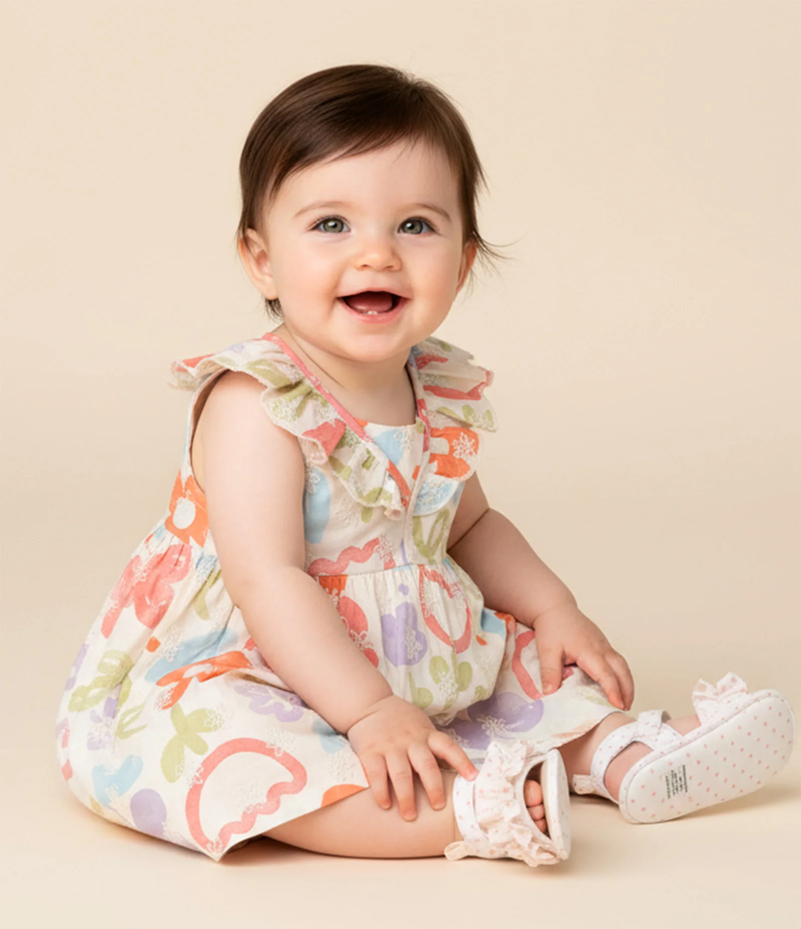 Vestido Infantil em Tricoline com Babadinhos e Calcinha - Tam 3 a 18 meses Bege/Lilás/Laranja 1