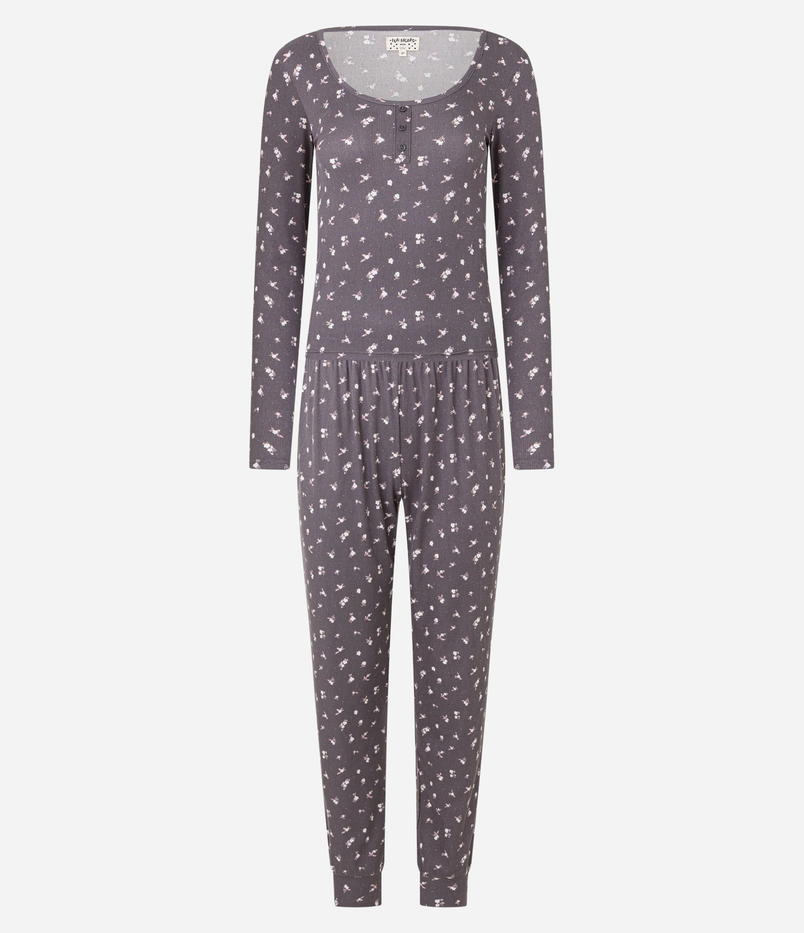 Pijama Longo Canelado com Estampa Floral de Botões no Peitilho Cinza 5
