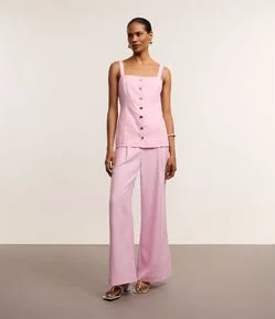 Calça Pantalona Cintura Alta com Linho e Pregas
