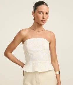 Blusa Peplum Sem Alça em Crepe com Bordado Floral