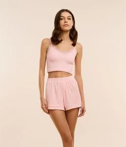 Short de Pijama em Ribana com Estampa de Coração e Babados