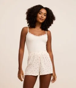 Short de Pijama em Ribana com Estampa Floral e Frufru