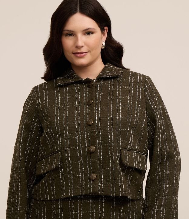 Jaqueta Tweed Xadrez com Botão Detalhado Curve & Plus Size