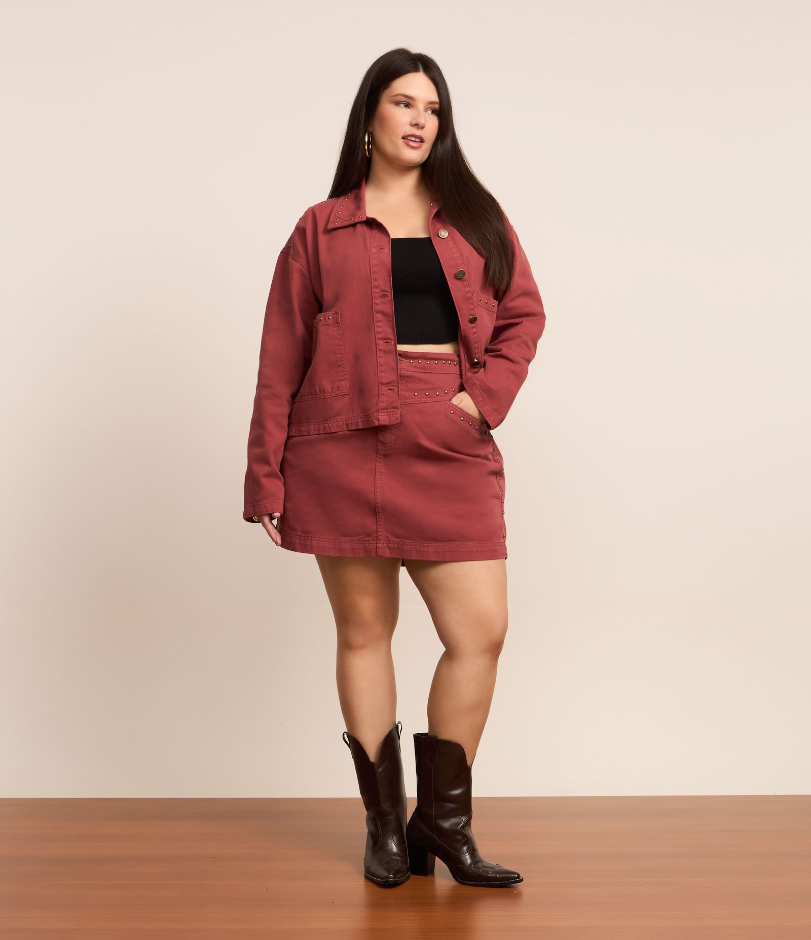 Jaqueta Overshirt em Sarja com Tachinhas Curve & Plus Size Vermelho 2