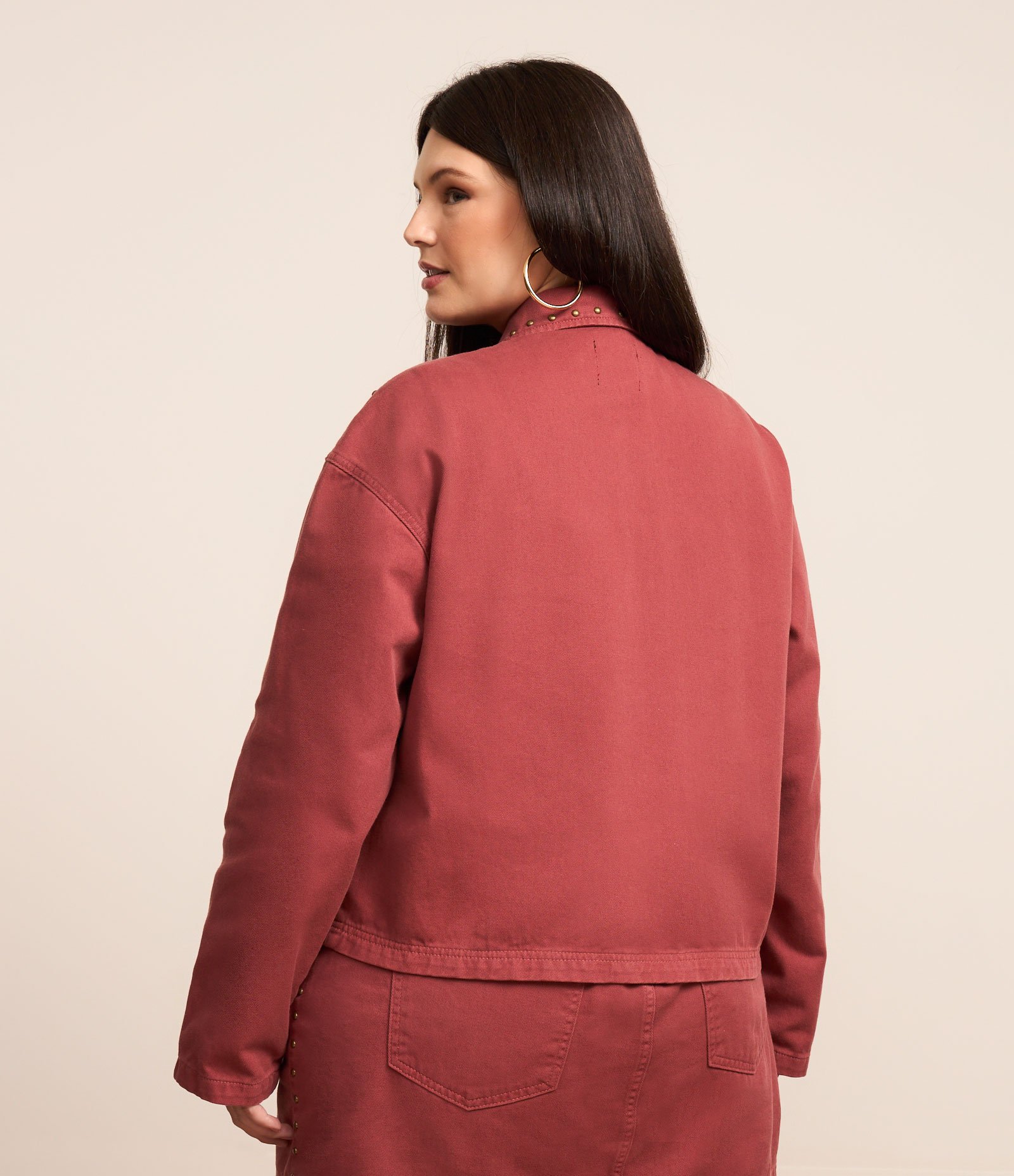 Jaqueta Overshirt em Sarja com Tachinhas Curve & Plus Size Vermelho 3
