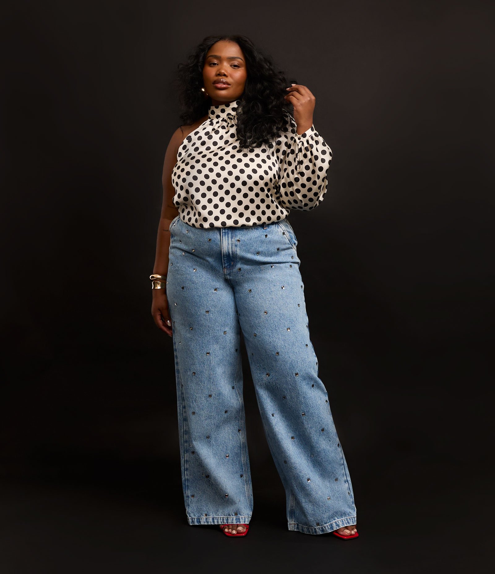 Blusa Poá Acetinada Coleção Rita Carreira Curve & Plus Size Branco/Preto 3