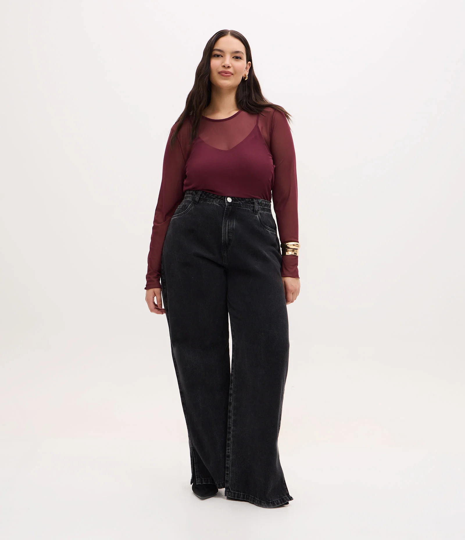 Calça Wide Leg em Jeans Marmorizado Curve & Plus Size Preto 1