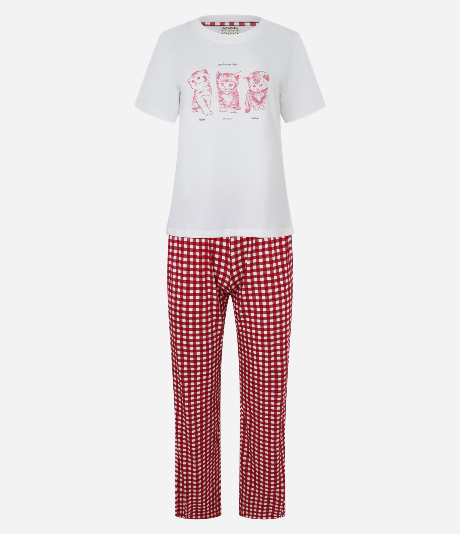Pijama Longo em Algodão Estampa Xadrez e Gatinhos Vermelho/Branco 4