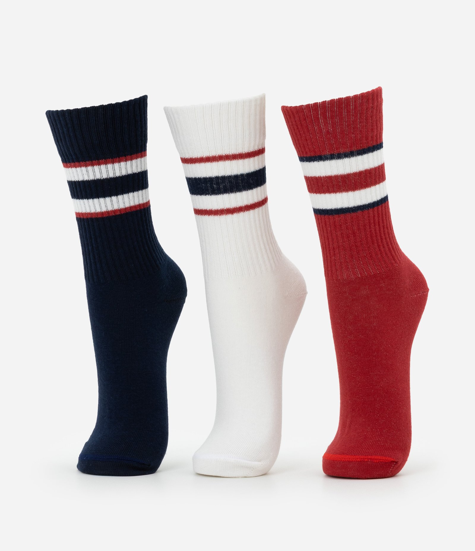 Kit 03 Meias Esportivas Cano Alto em Algodão com Listras Marinho/Branco/Vermelho 1