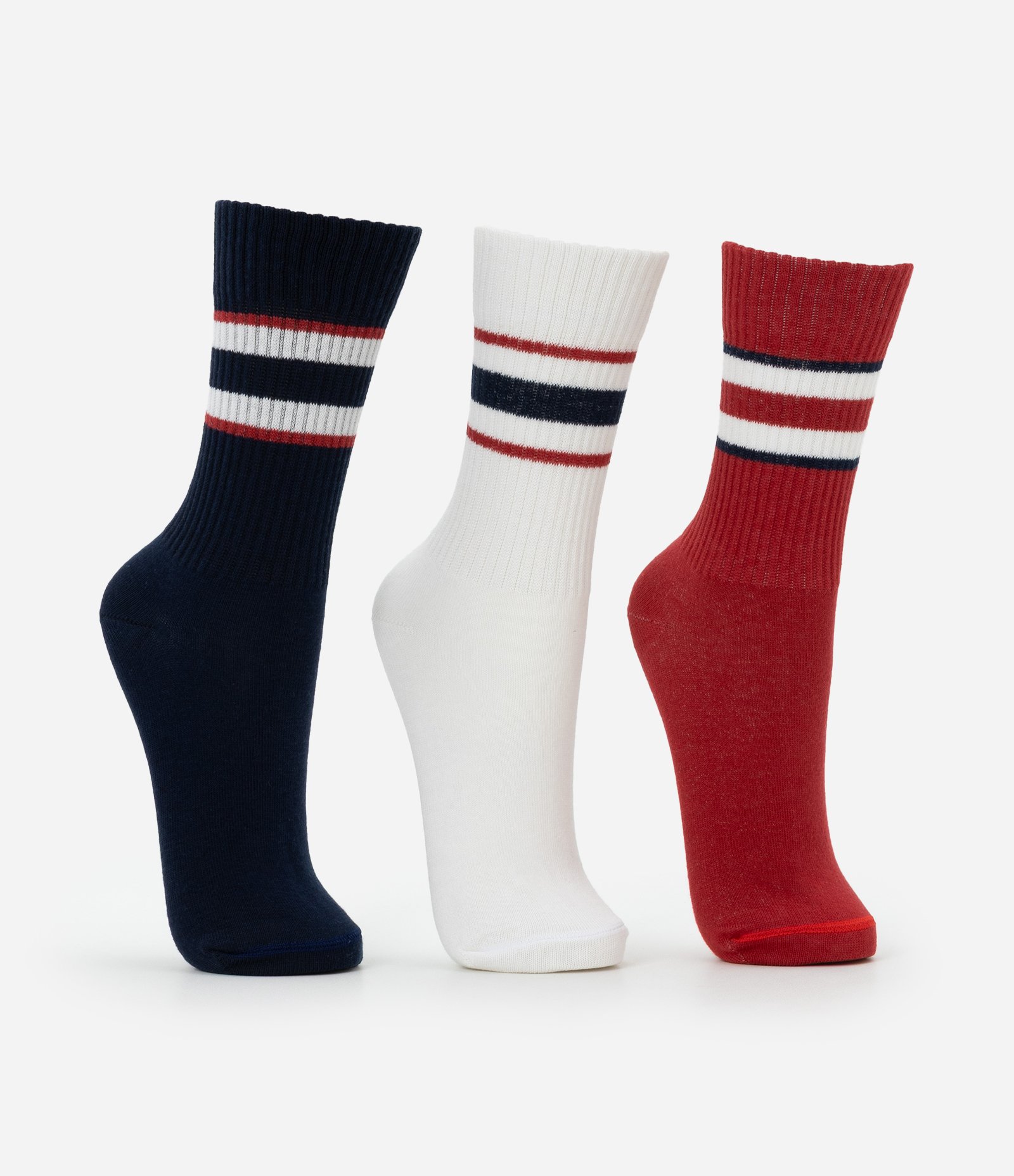 Kit 03 Meias Esportivas Cano Alto em Algodão com Listras Marinho/Branco/Vermelho 2