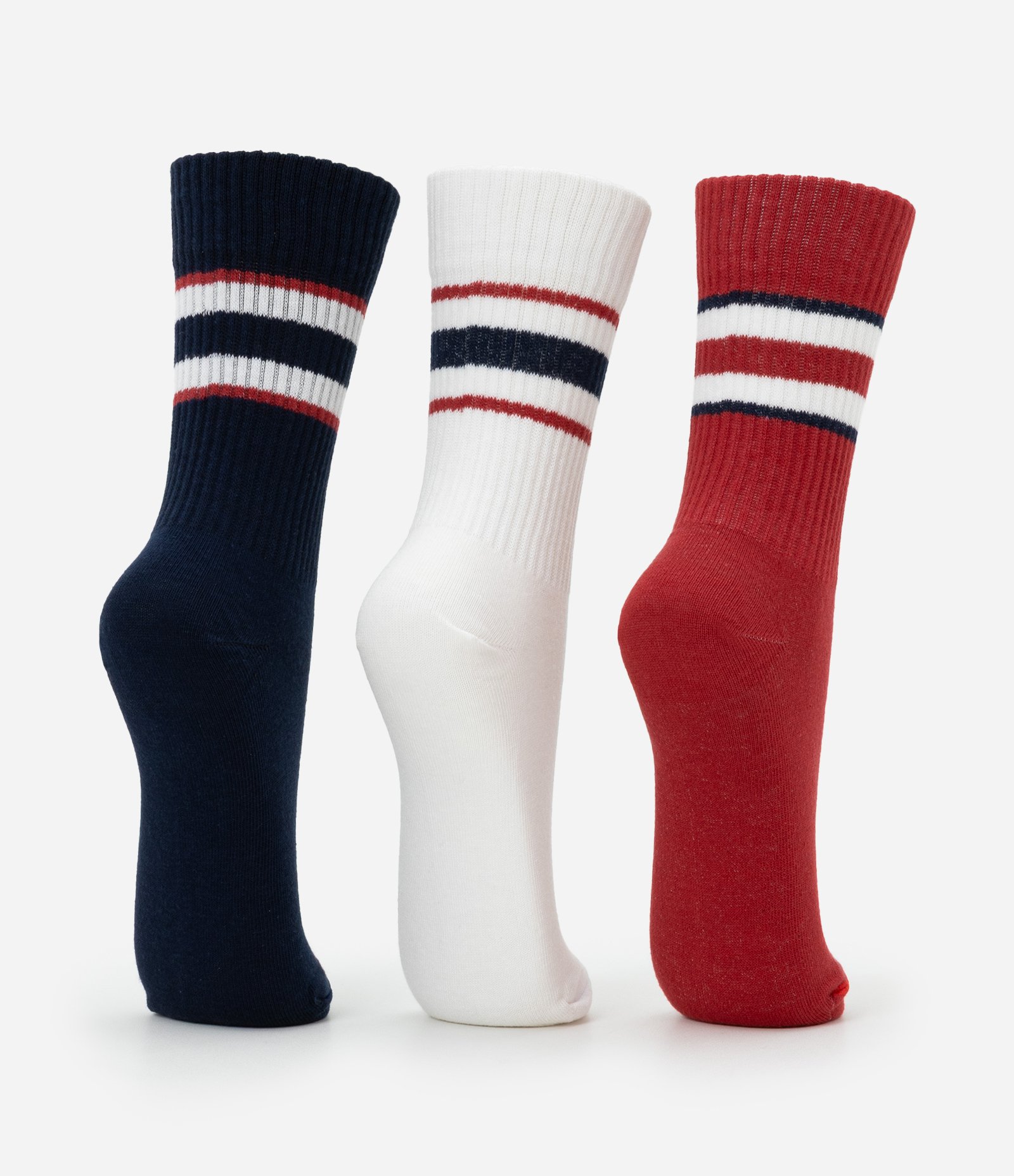 Kit 03 Meias Esportivas Cano Alto em Algodão com Listras Marinho/Branco/Vermelho 3